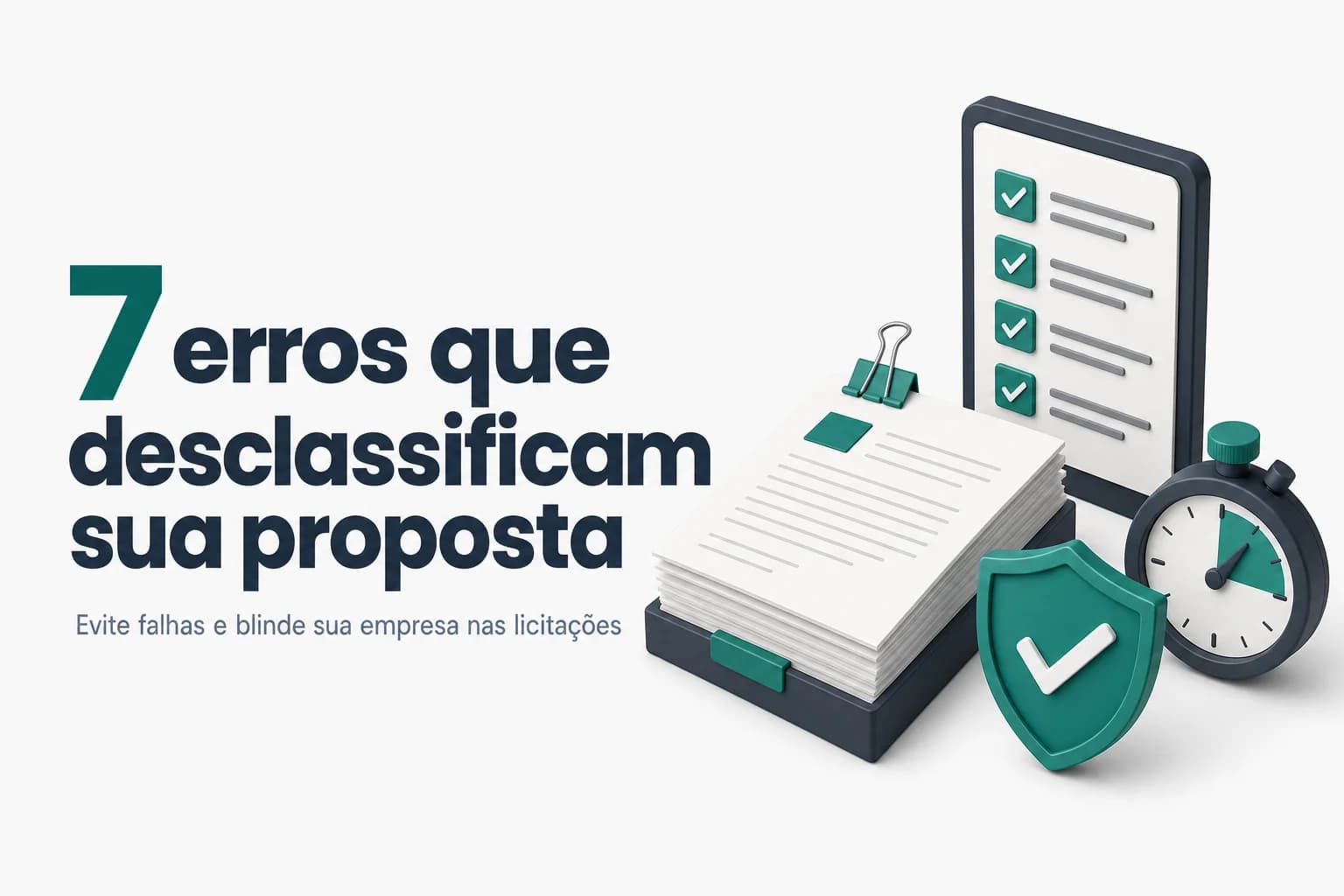 Pilha de documentos de licitação com carimbo de 'desclassificado' sobre um edital e uma caneta ao lado.