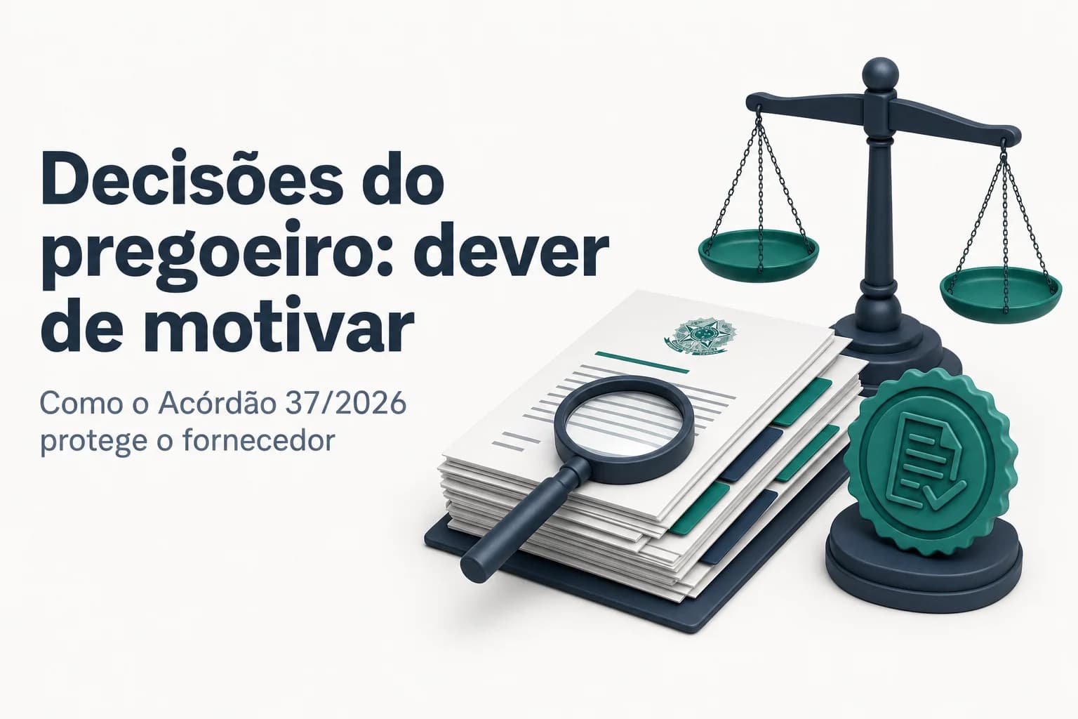 Ilustração de um pregoeiro analisando documentos em tela de computador, com balões de texto destacando a necessidade de fundamentação.