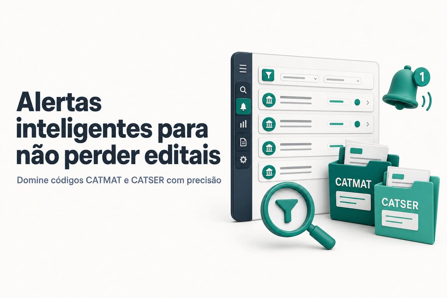 Ilustração de uma tela de celular com notificações de edital e ícones de CATMAT e CATSER