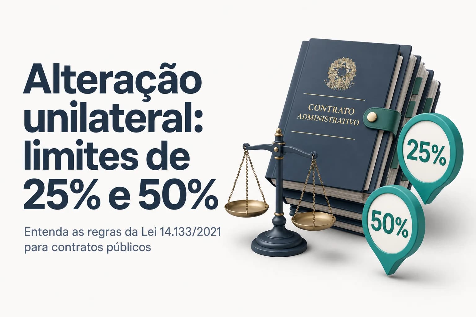 Gráfico comparativo dos limites percentuais de 25% e 50% para alterações unilaterais em contratos públicos, conforme a Lei 14.133/2021.