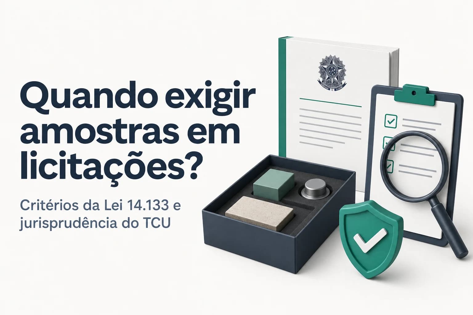 Documento de edital e amostras de produtos sobre mesa com selo de aprovação, simbolizando verificação de conformidade em licitações.
