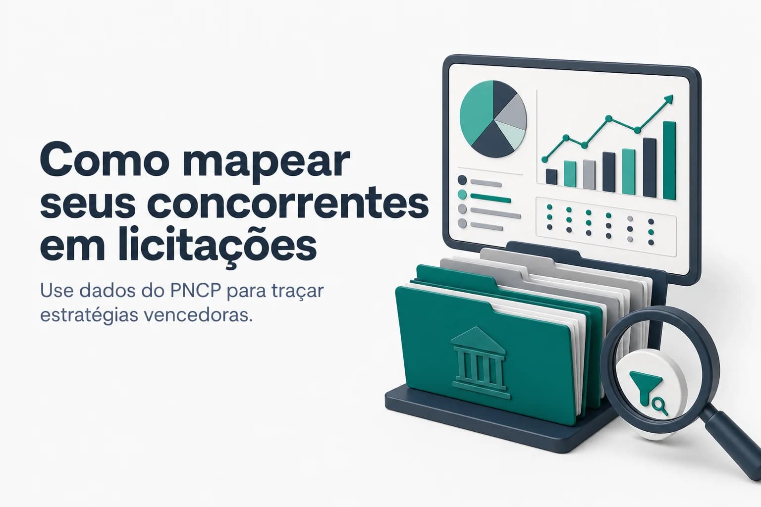 Ilustração de uma tela de computador com gráficos e ícones de licitação, representando análise de concorrentes.