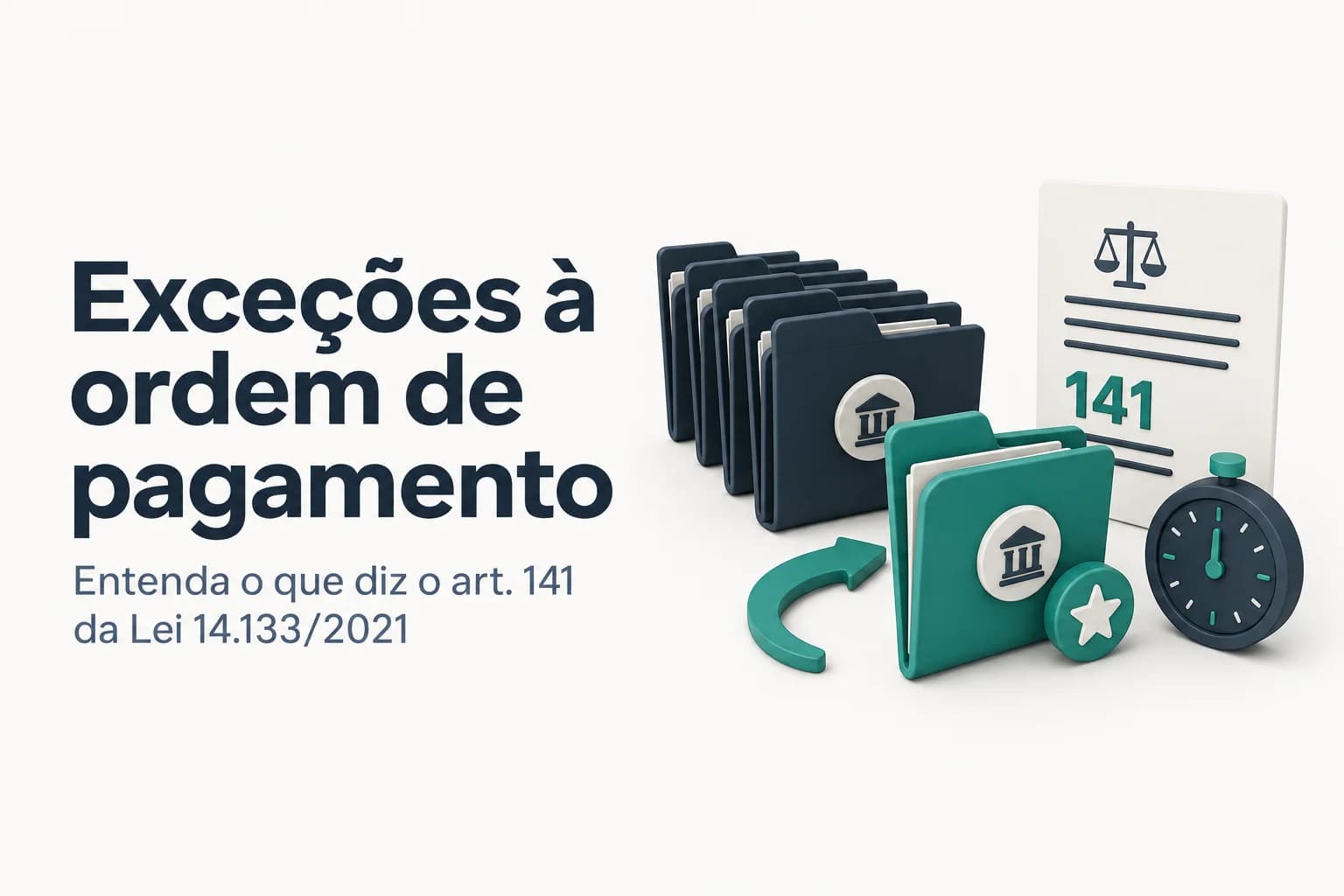 Diagrama ilustrando as exceções à ordem cronológica de pagamento na Lei 14.133/2021, com ícones de emergência, ME/EPP e falência.