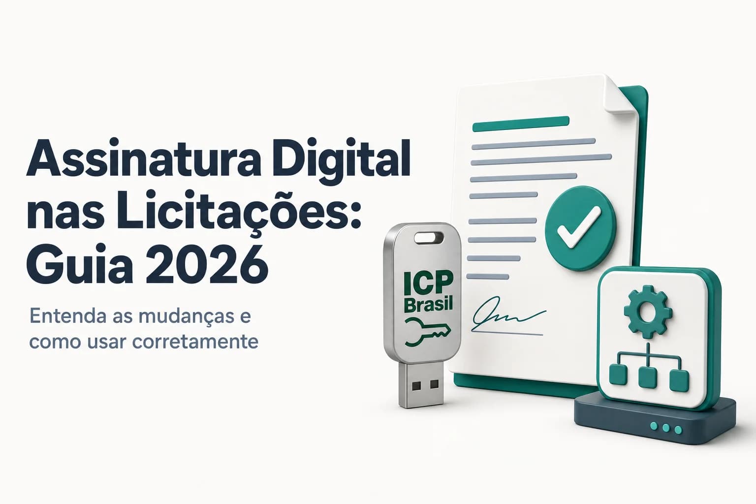 Ilustração de um documento eletrônico sendo assinado com certificado digital ICP-Brasil, com ícones de licitação e governo.