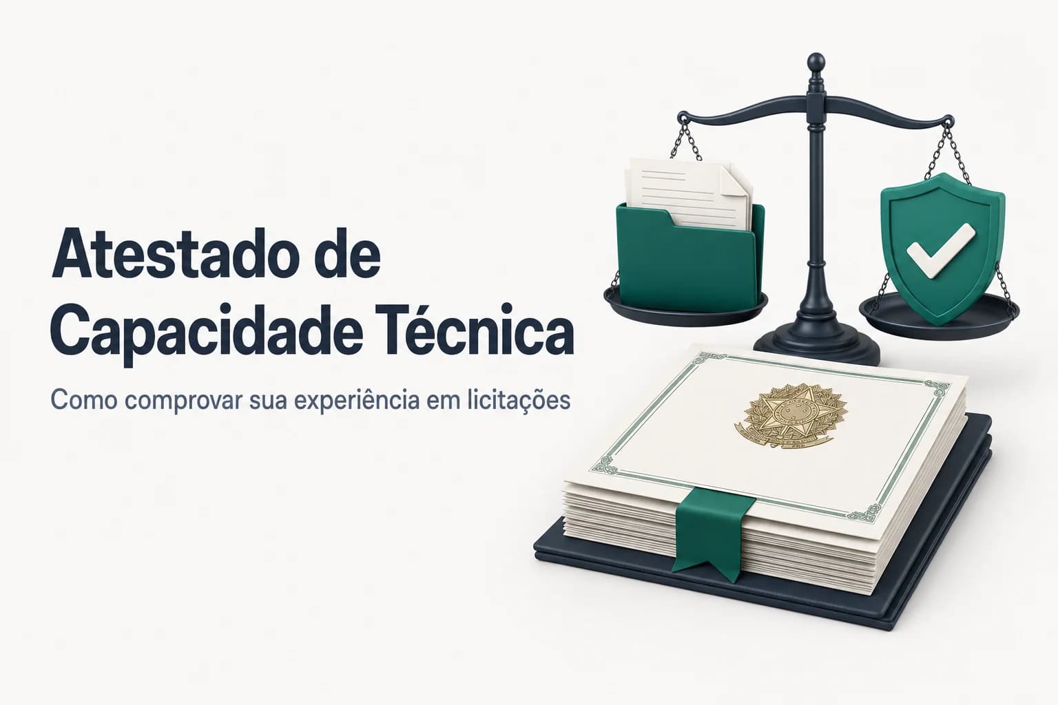 Documentos sobre a mesa com destaque para um atestado de capacidade técnica e a Lei 14.133/2021 ao fundo.