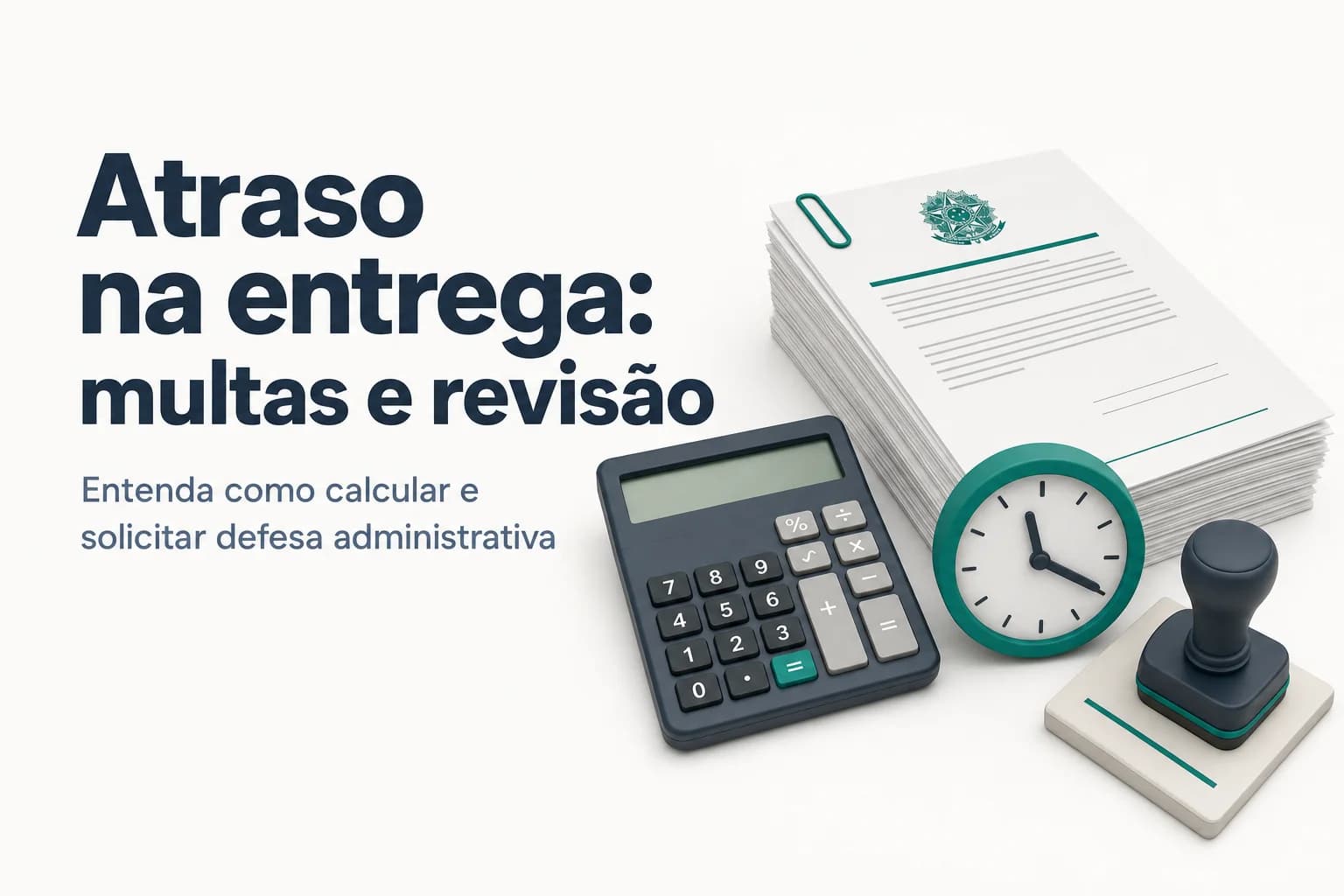 Ilustração de um contrato público com selo de multa e calculadora — guia prático para PME sobre atraso na entrega e sanções.