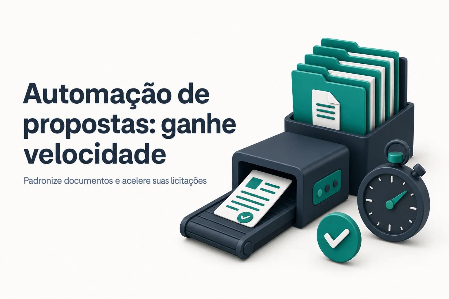 Ilustração de uma tela de computador com documentos padronizados e ícones de automação, representando a automação de propostas em licitações.