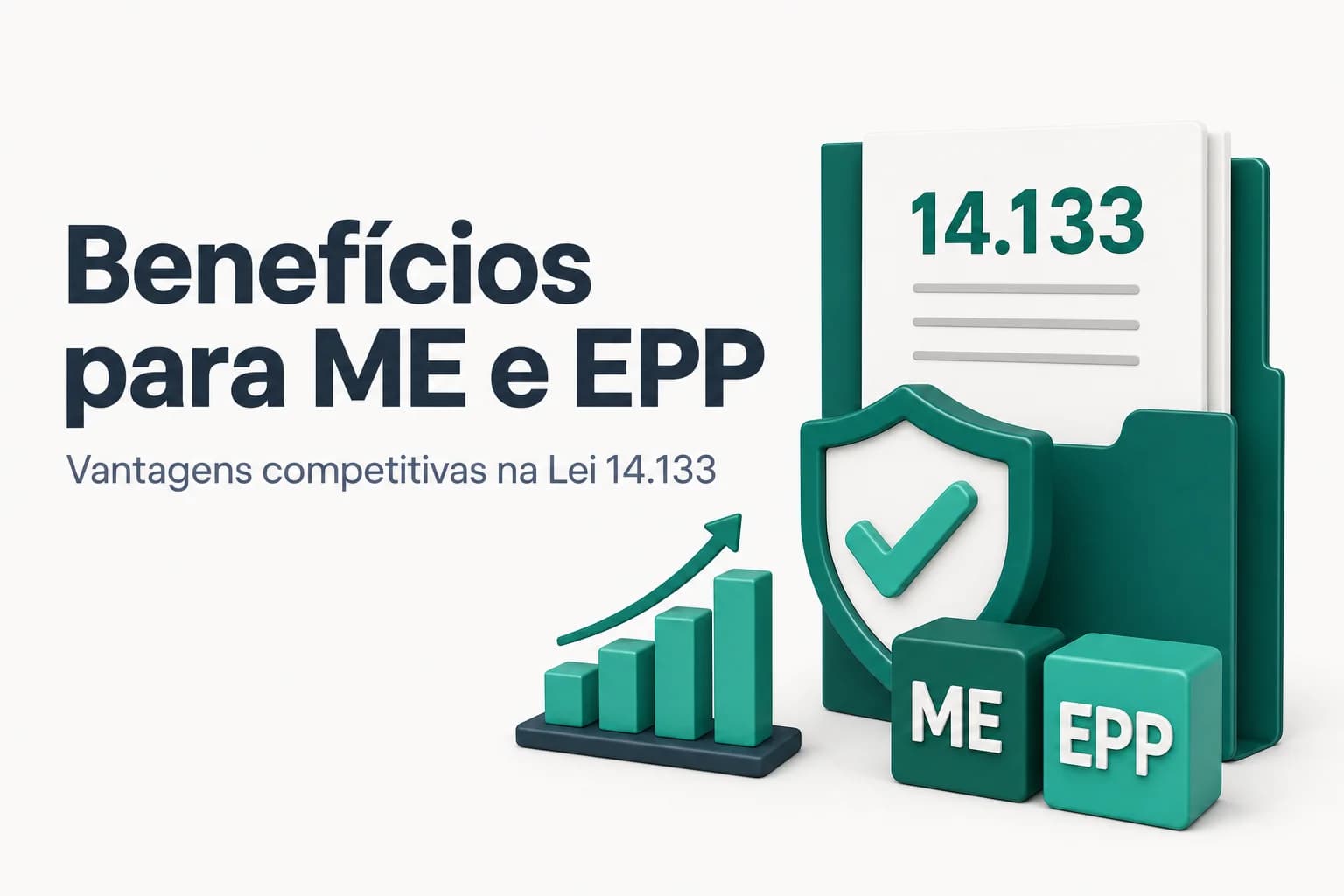 Ilustração de uma balança com os dizeres 'ME EPP' e 'Lei 14.133' ao fundo, simbolizando o tratamento favorecido a pequenos negócios em licitações.