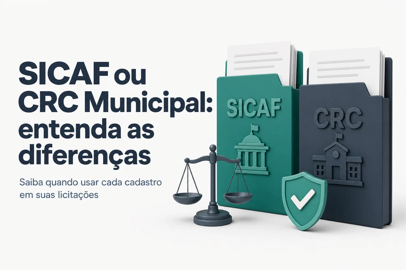 Ilustração comparativa entre os sistemas SICAF (federal) e Cadastro Municipal de Fornecedores (CRC), com ícones de governo federal e prefeitura.