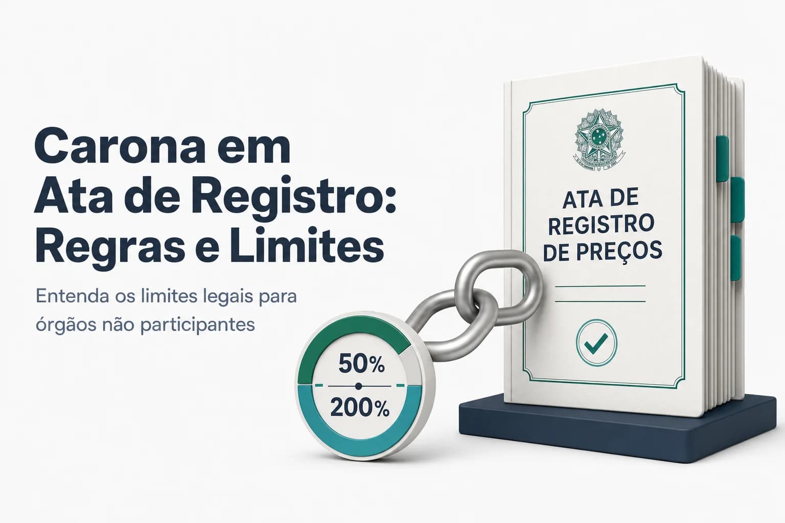 Ilustração de um documento de ata de registro de preços com selo de aprovação e carimbo de adesão.