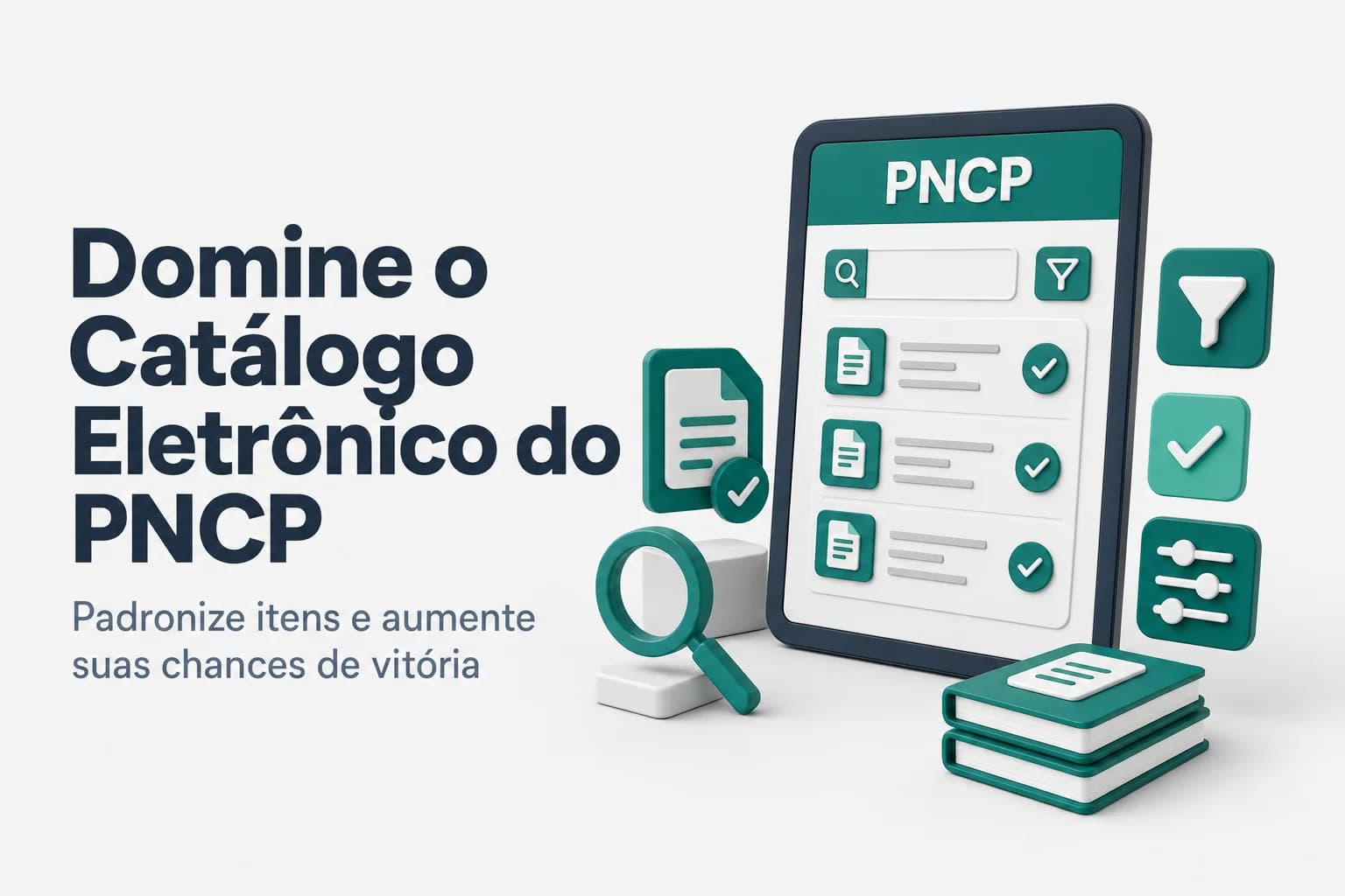 Ilustração do Catálogo Eletrônico de Padronização do PNCP, mostrando a padronização de especificações técnicas para licitações.