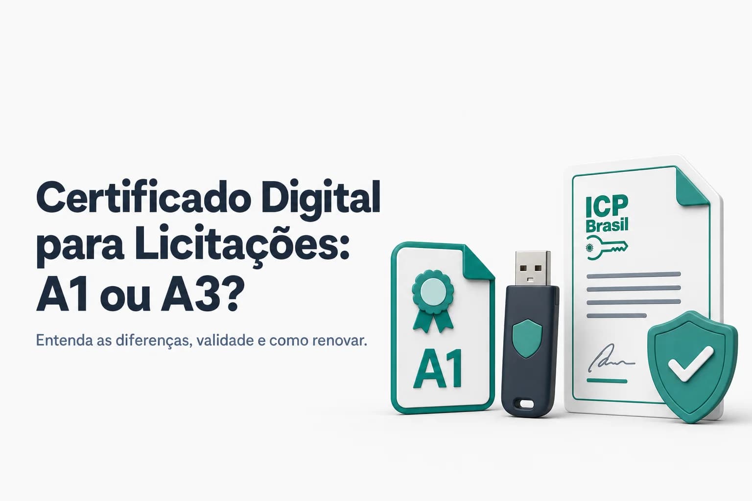 Ilustração comparativa entre certificado digital A1 (ícone de arquivo) e A3 (ícone de token físico) com destaque para uso em licitações públicas.