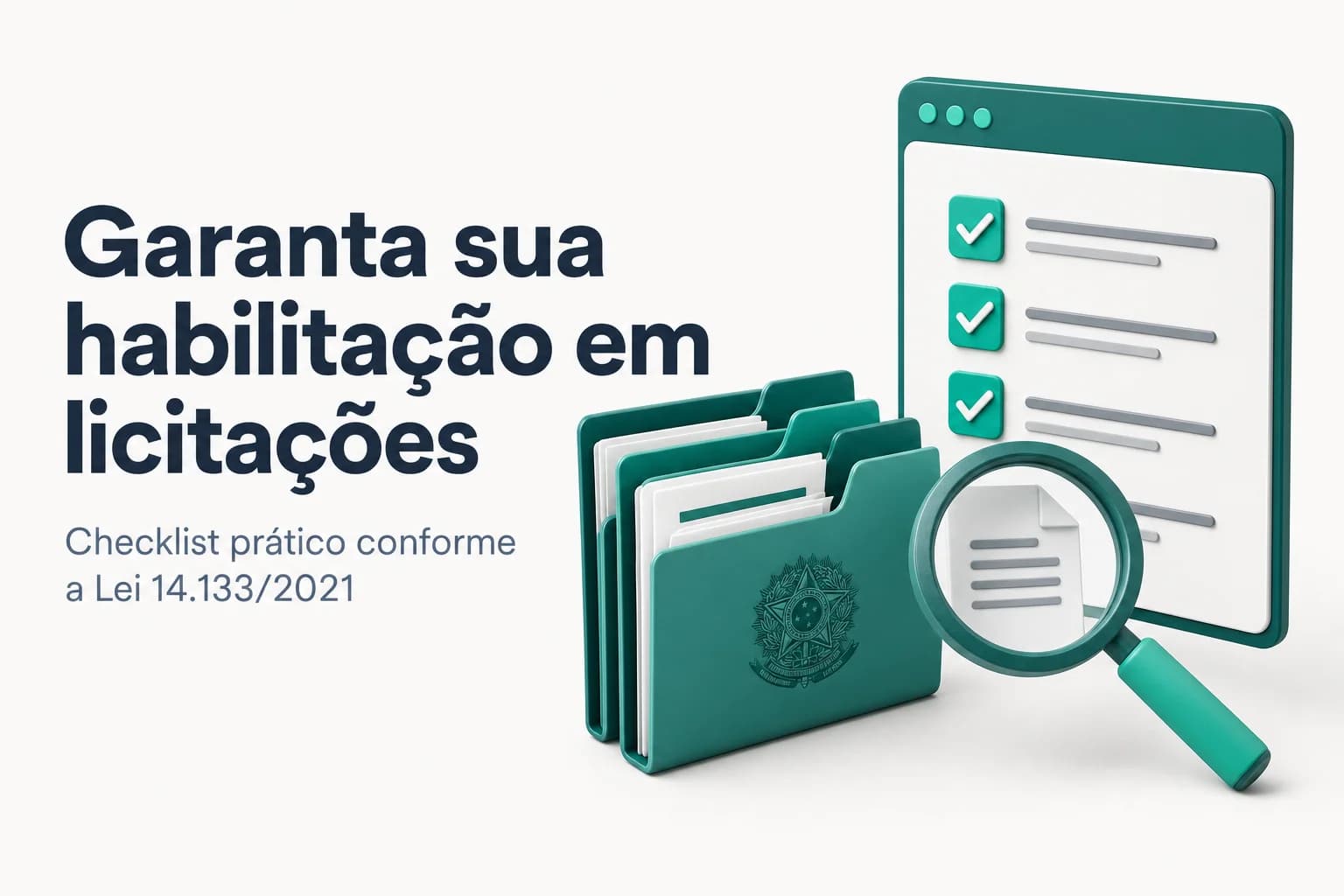 Documentos organizados sobre uma mesa com uma lupa, representando a revisão de documentos para habilitação em licitações.