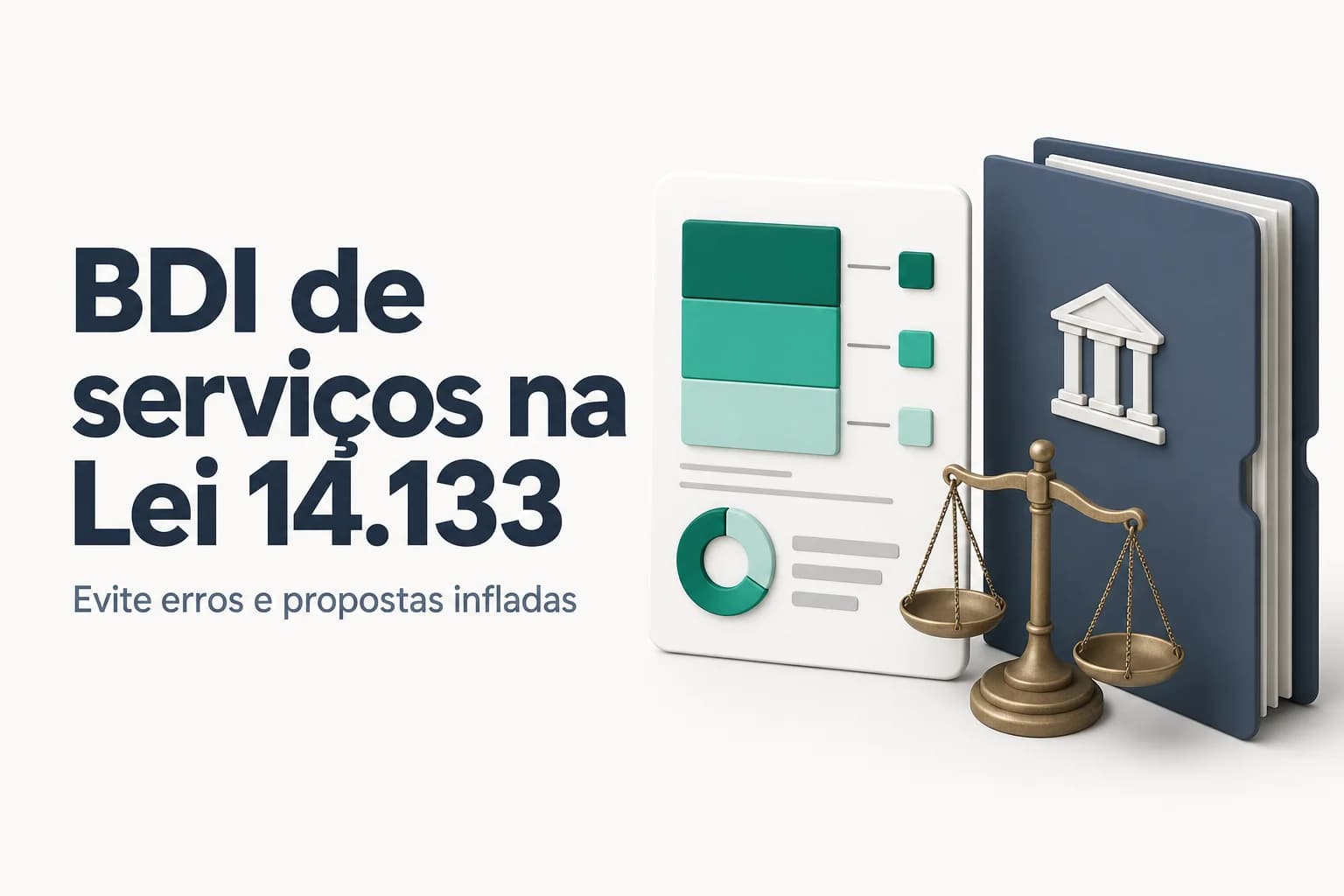 Capa do artigo sobre cálculo do BDI de serviços na Lei 14.133, com gráficos de composição de custos.