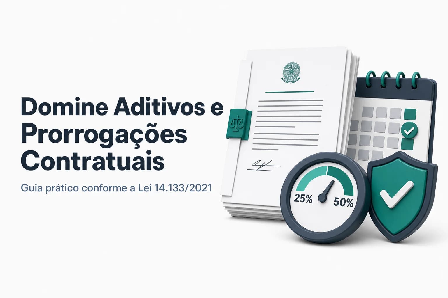 Gráfico ilustrando controle de aditivos e prorrogações em contratos públicos dentro dos limites legais da Lei 14.133/2021.