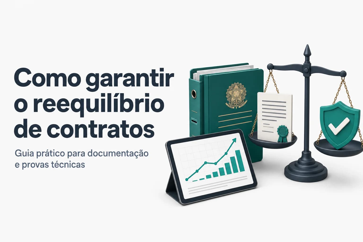 Ilustração de documentos e planilhas em uma mesa, simbolizando a preparação do pedido de reequilíbrio econômico-financeiro.