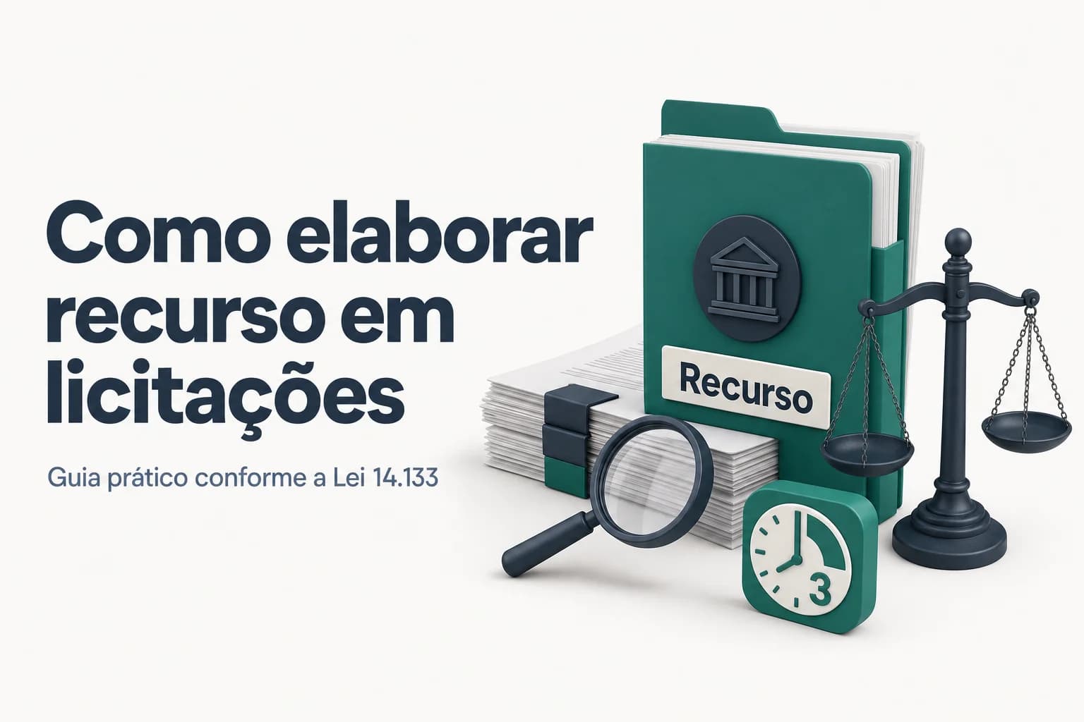 Documento com caneta sobre a mesa e texto 'Recurso Administrativo' destacado em azul, simbolizando a elaboração de recurso em licitações.