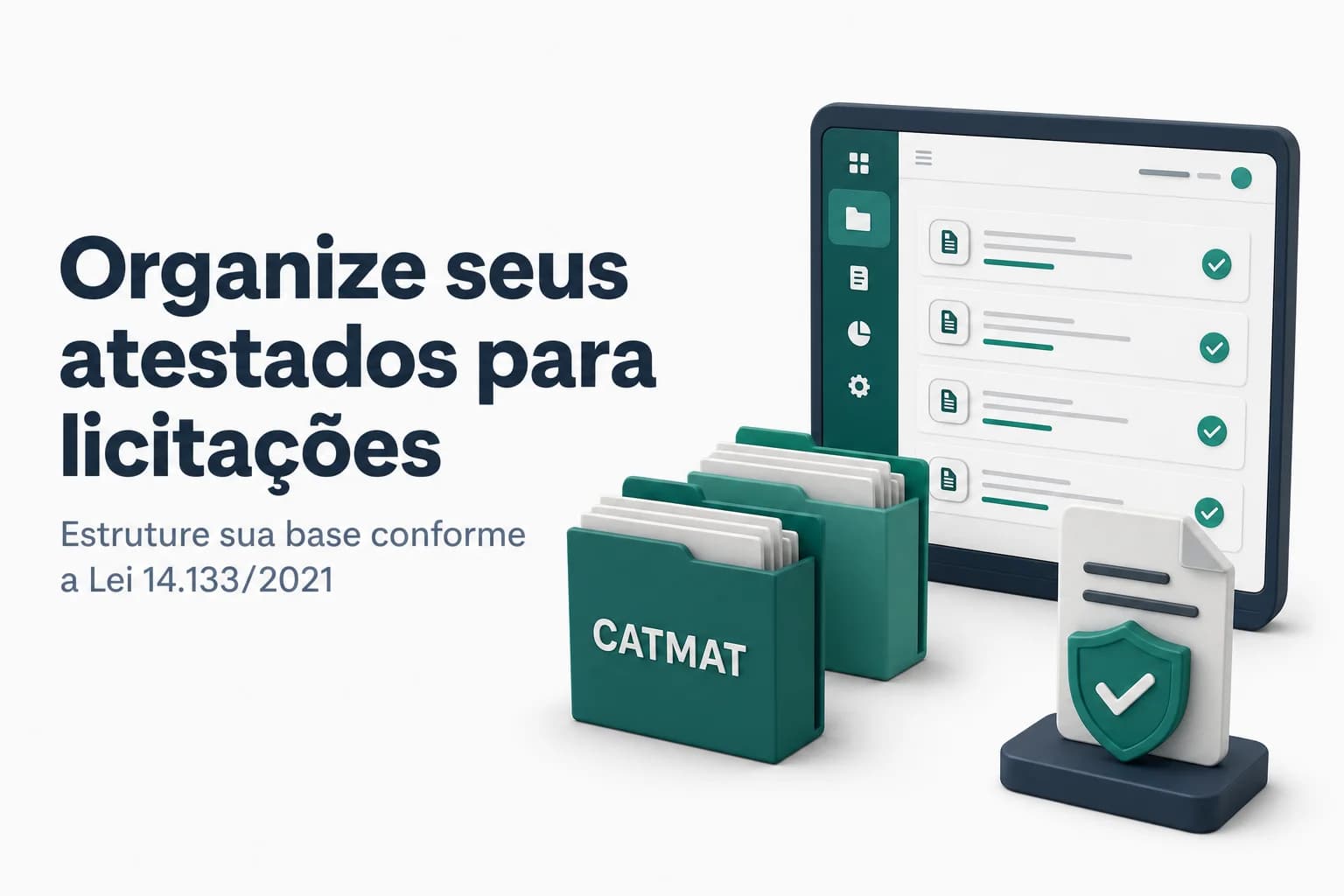 Ilustração de uma tela de computador exibindo pastas organizadas por código CATMAT, com ícones de documentos e uma planilha de controle, representando uma base de dados de atestados de capacidade técnica.