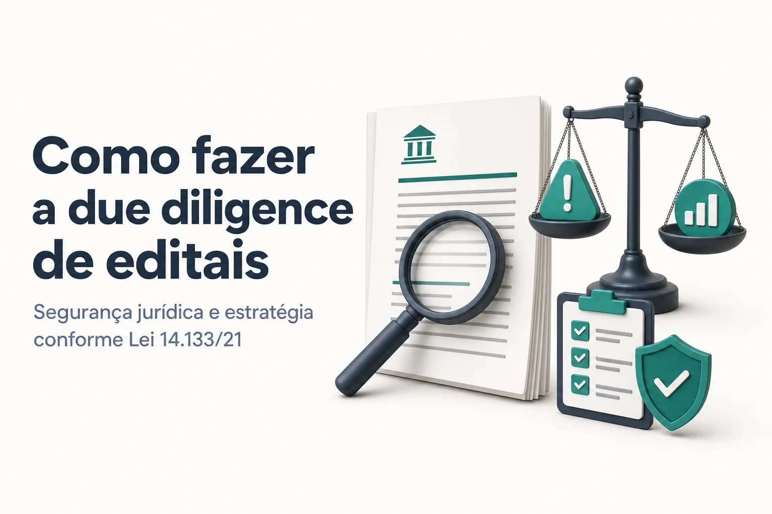Mão analisando documento de edital sobre mesa com lupa e checklist