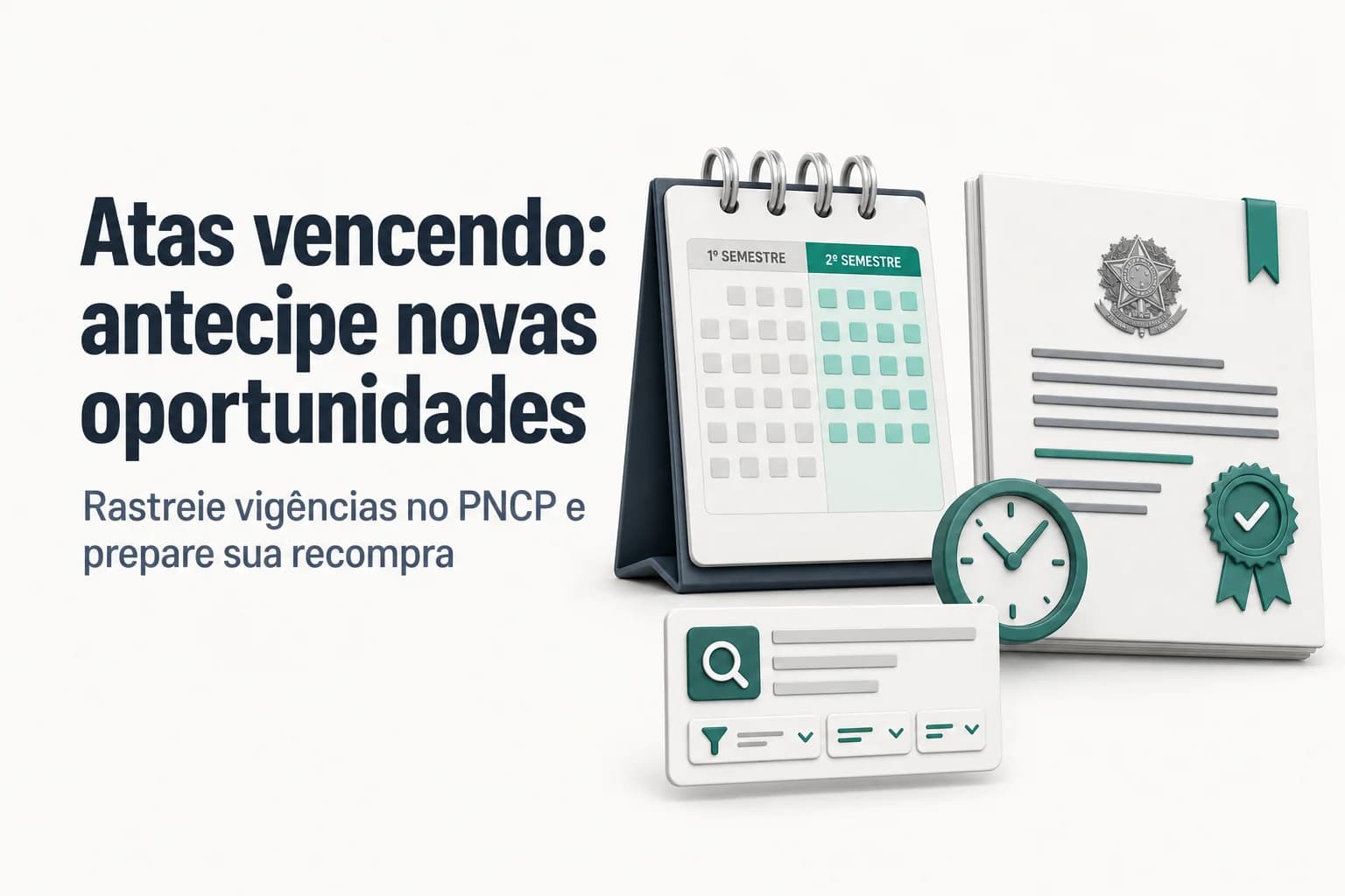 Ilustração de um calendário com o segundo semestre destacado, ao lado de uma ata de registro de preços e ferramentas de consulta como PNCP e Compras.gov.br.