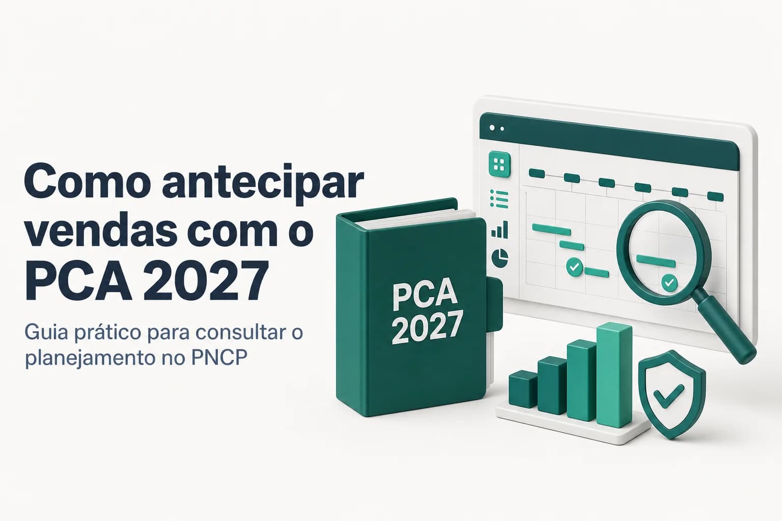 Homem analisa gráfico de planejamento de compras públicas em notebook, com ícones de editais ao lado.