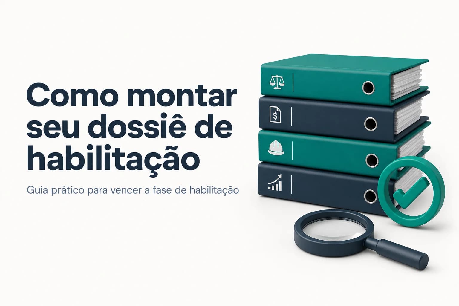 Pilha de documentos de licitação sobre mesa com caneta e laptop, simbolizando o dossiê de habilitação.