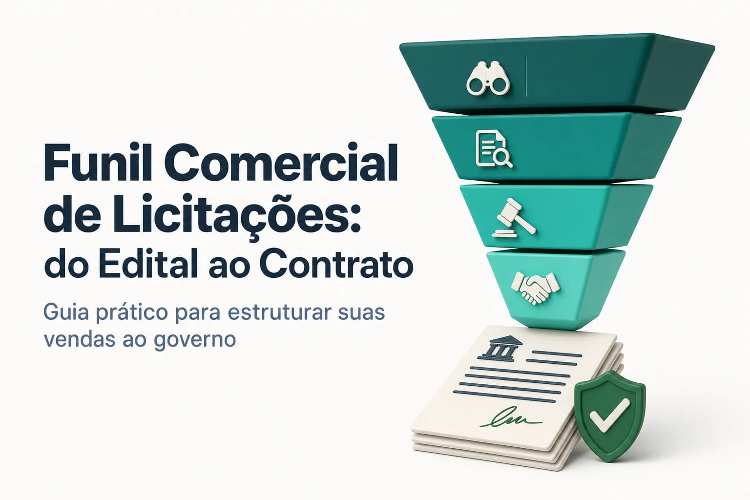 Infográfico de funil comercial de licitações com etapas: monitoramento, análise, disputa e contrato.