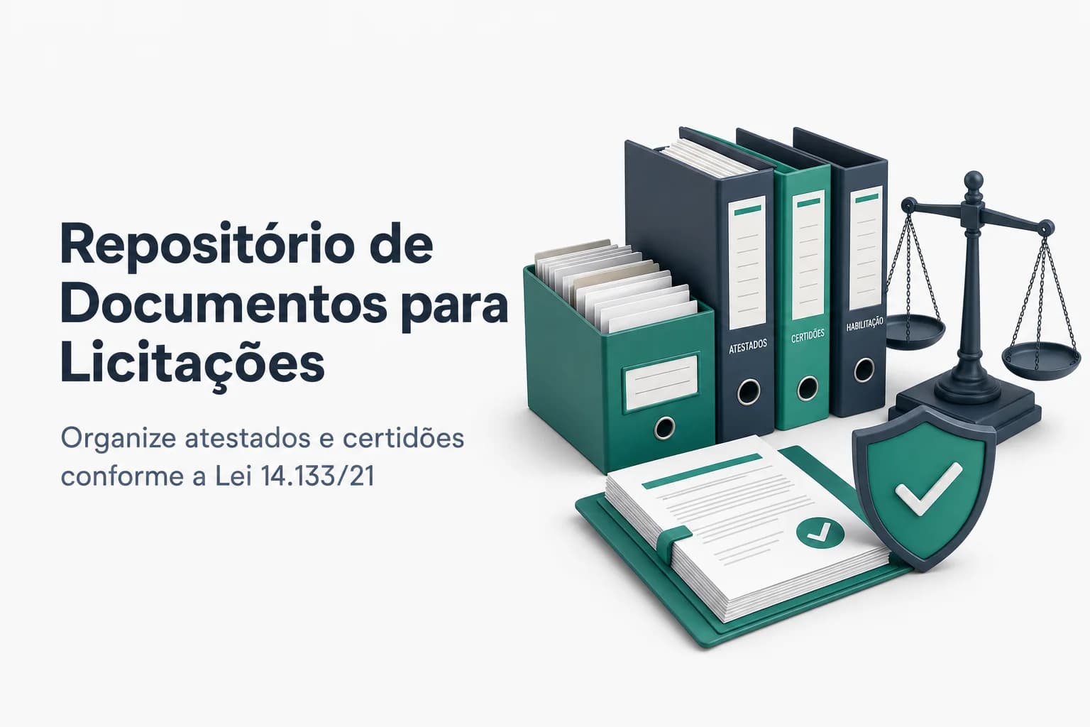Pasta digital com documentos de licitação e atestados técnicos organizados por categoria