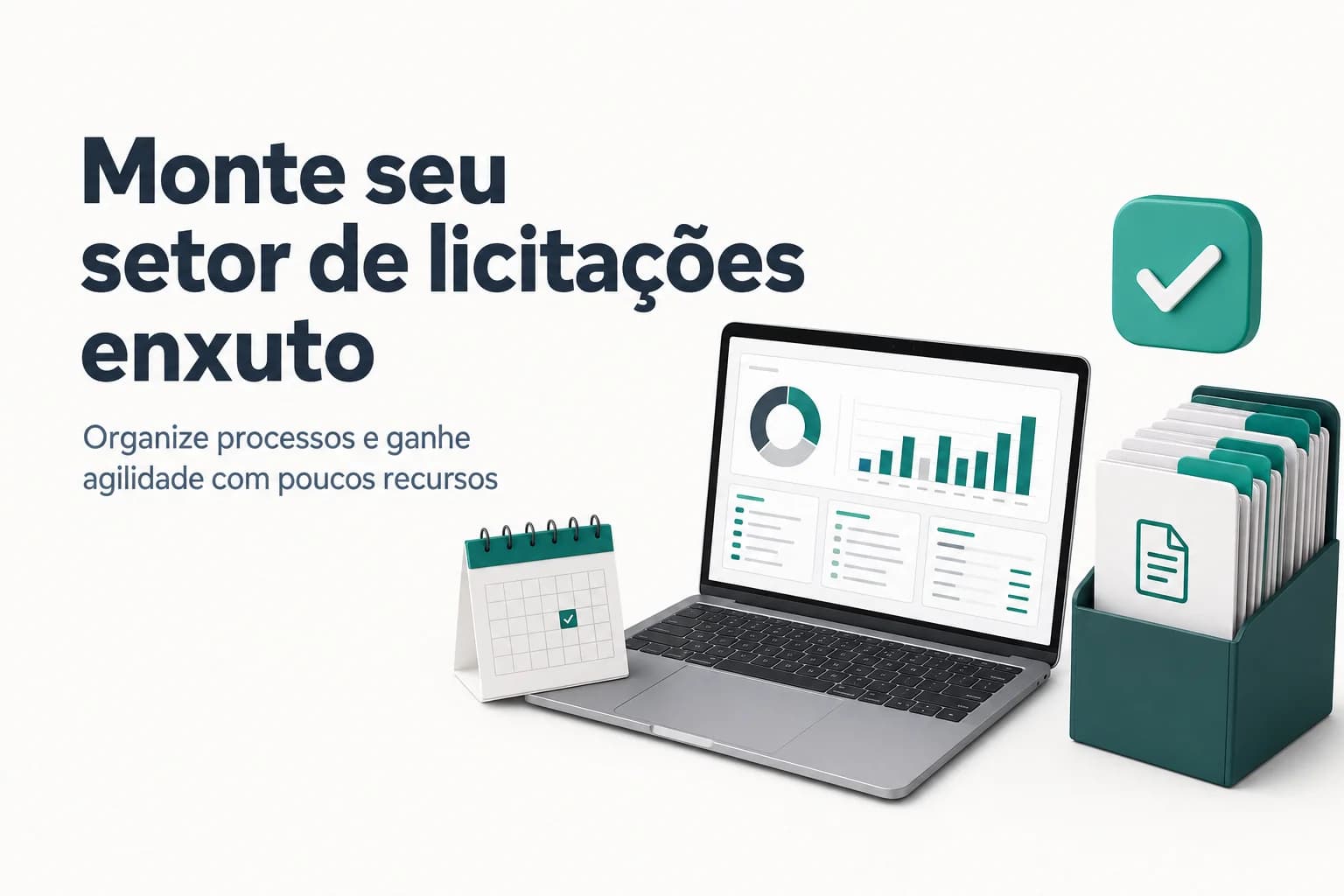 Ilustração de uma mesa de escritório com calendário, documentos e computador, simbolizando organização de licitações para pequenas empresas.