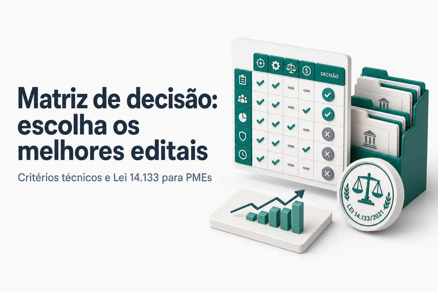 Ilustração de uma matriz com pesos e notas para decidir entre diferentes editais de licitação.