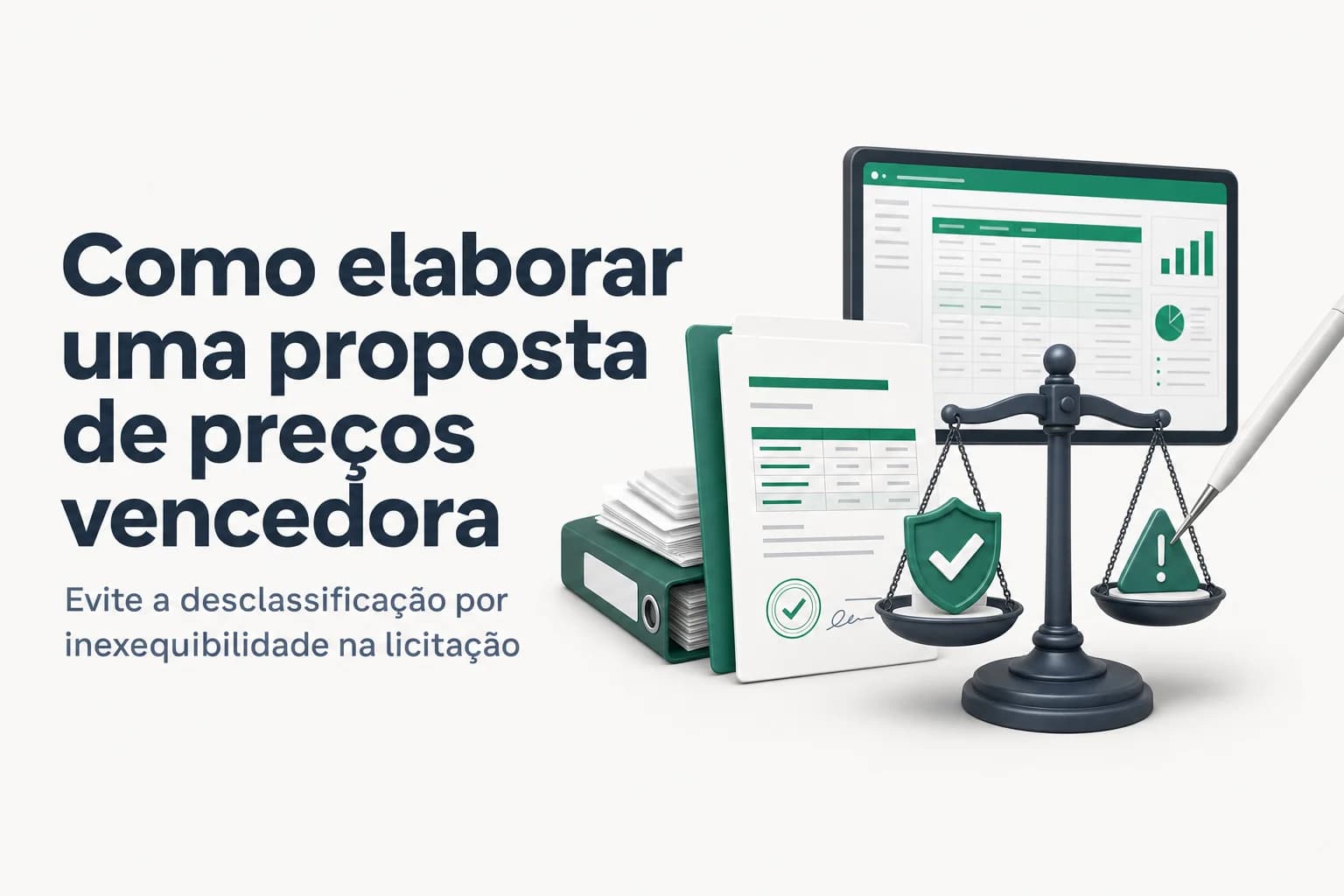 Documentos e planilhas de proposta de preços sobre a mesa, com selo de 'proposta vencedora' e alerta de 'inexequibilidade' ao lado.