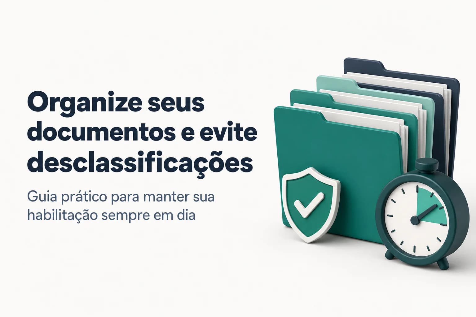 Pilha de documentos organizados em pastas coloridas sobre uma mesa, com calendário ao fundo e ícone de alerta de prazo.