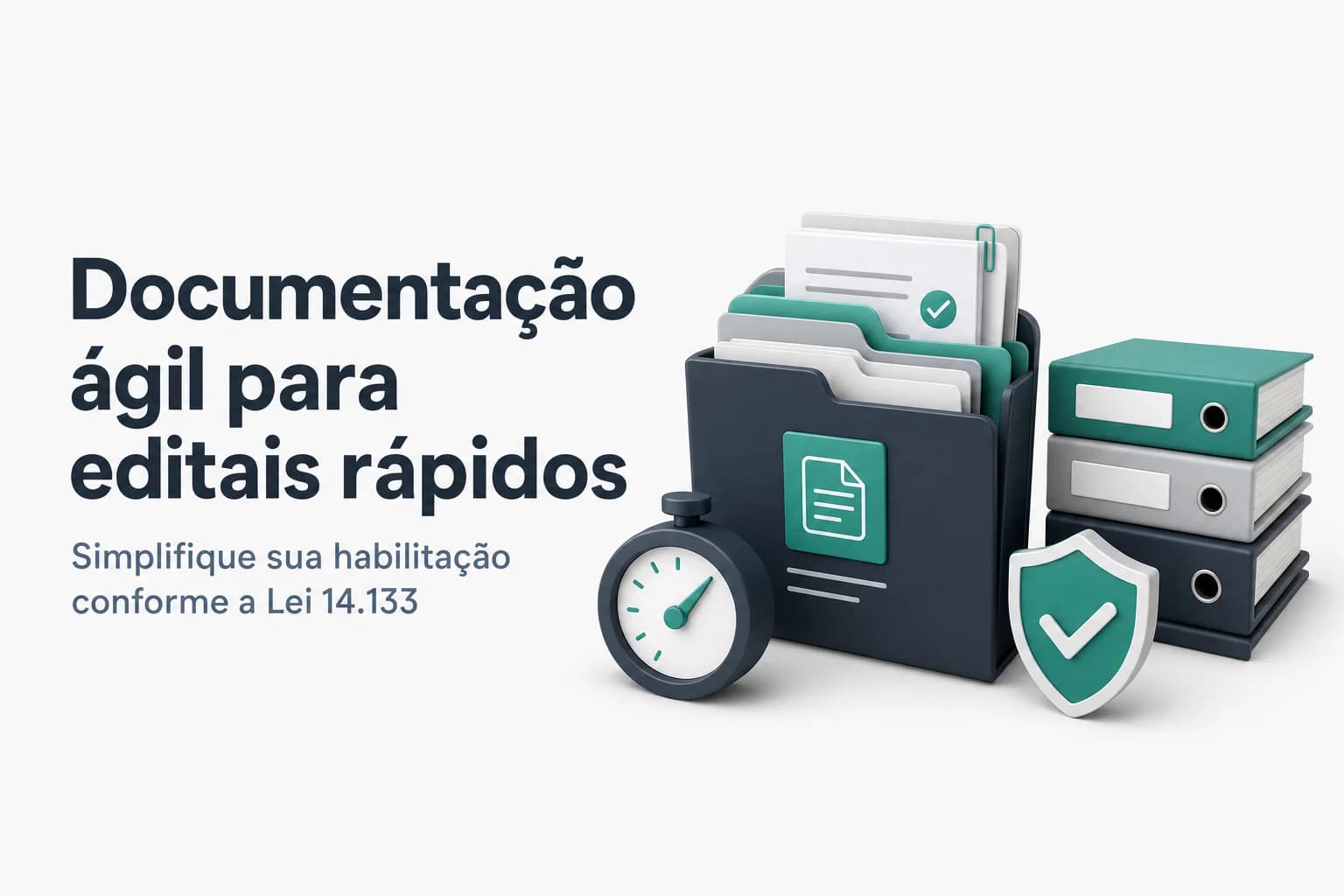 Pilha de documentos organizados em pastas com etiquetas, ao lado de um notebook com edital aberto.