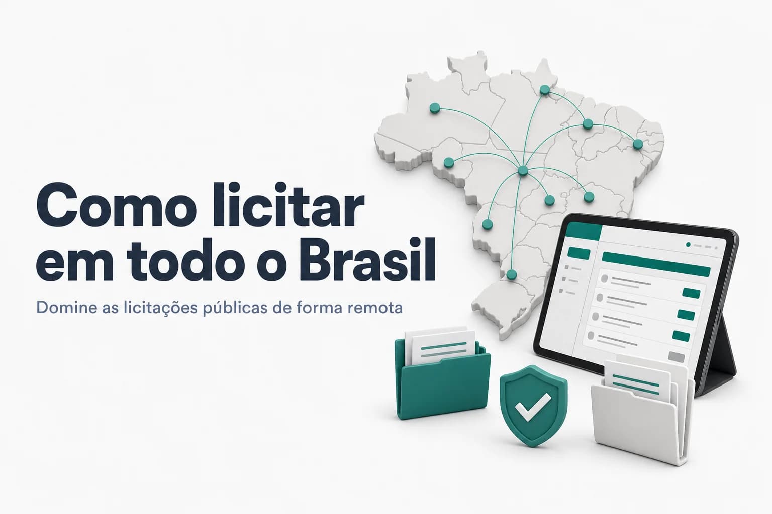 Mapa do Brasil com ícones de conexão entre estados e municípios, representando licitações públicas interestaduais e intermunicipais.
