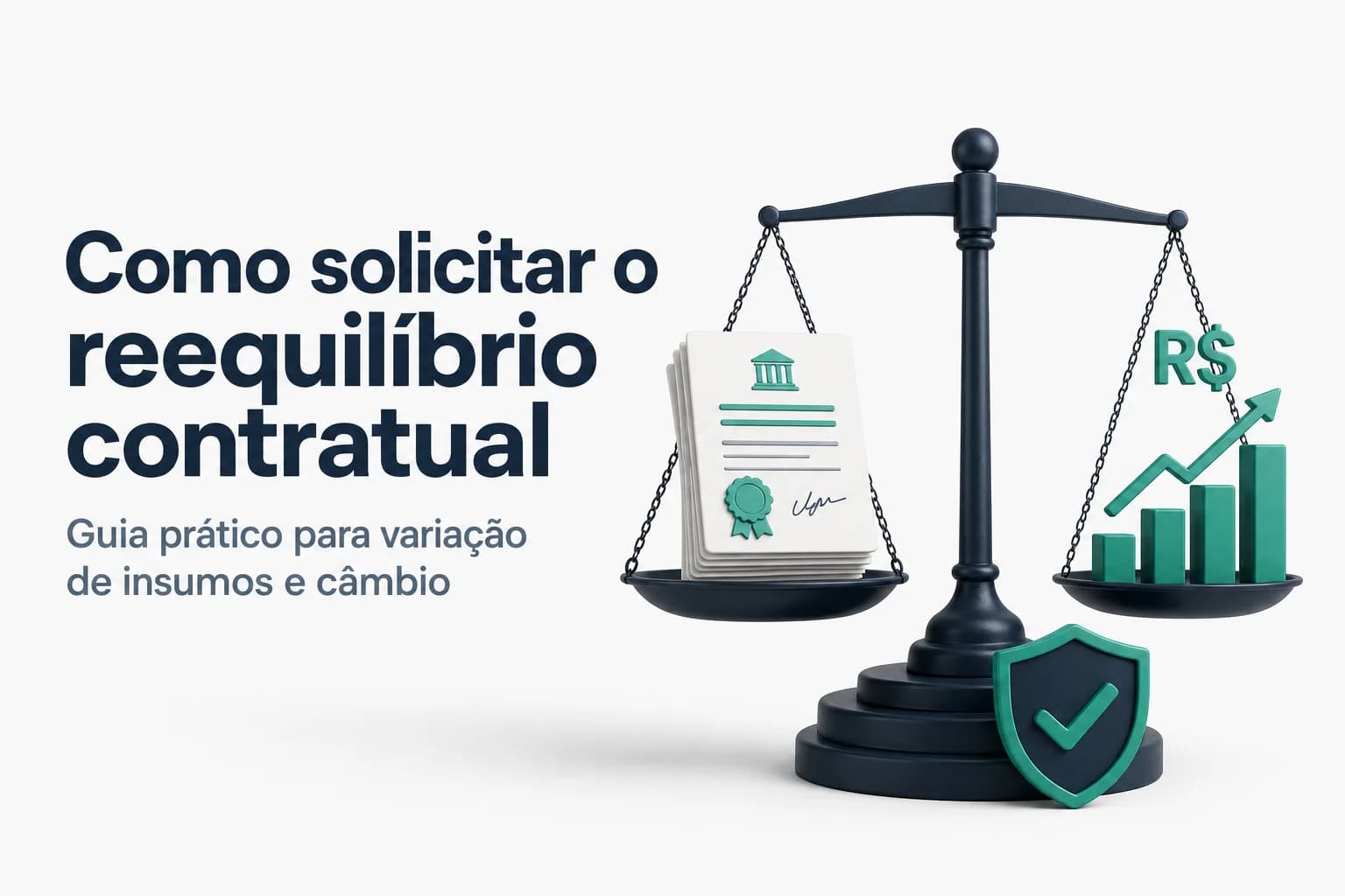 Ilustração de gráfico mostrando variação de custos e contrapartida contratual, com documento e calculadora.