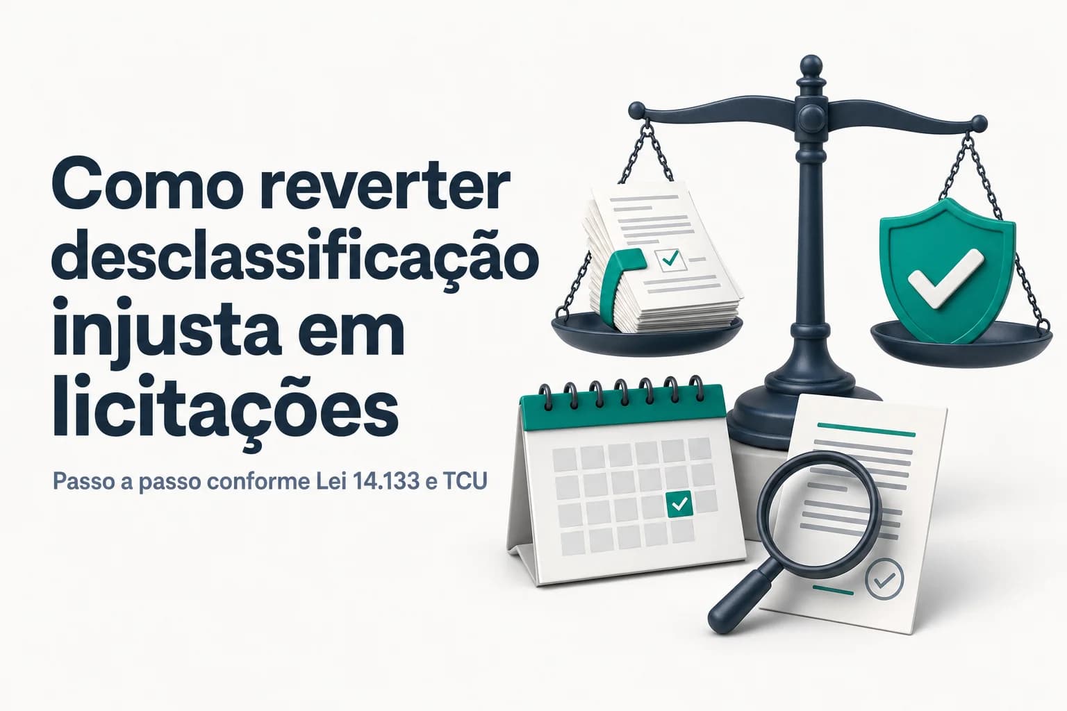 Documento de recurso administrativo sobre a Lei 14.133/2021 com caneta e relógio ao lado.