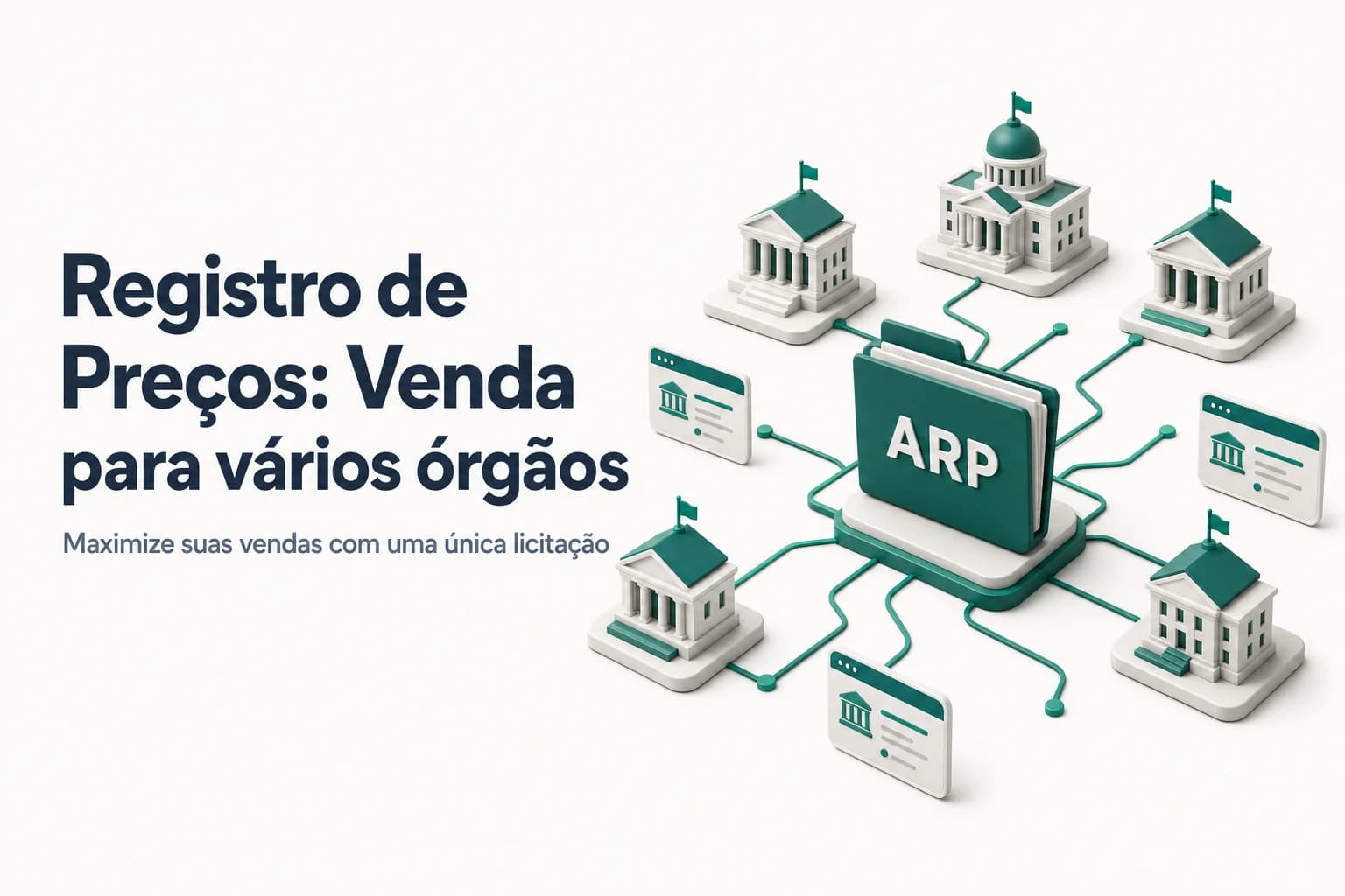 Ilustração de uma distribuidora vendendo produtos para múltiplos órgãos governamentais por meio do Sistema de Registro de Preços.