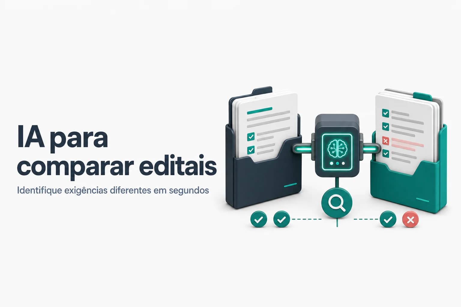 Ilustração de duas pessoas analisando editais em tela de computador com gráficos de barras e ícones de IA.
