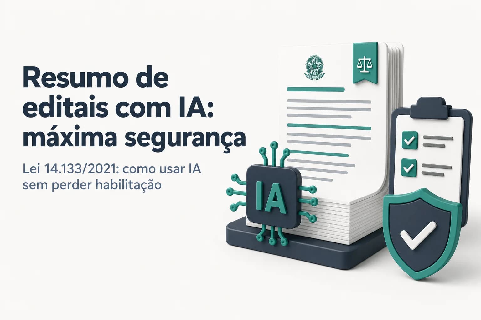 Tela de computador mostrando um edital de licitação aberto ao lado de um ícone de inteligência artificial, com uma lista de verificação ao fundo.