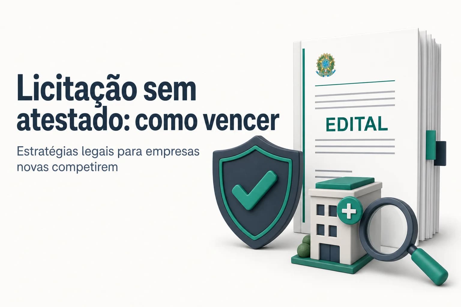 Ilustração de uma empresa nova participando de licitação pública com documentos sobre a mesa, destacando a possibilidade de comprovação técnica sem atestados.