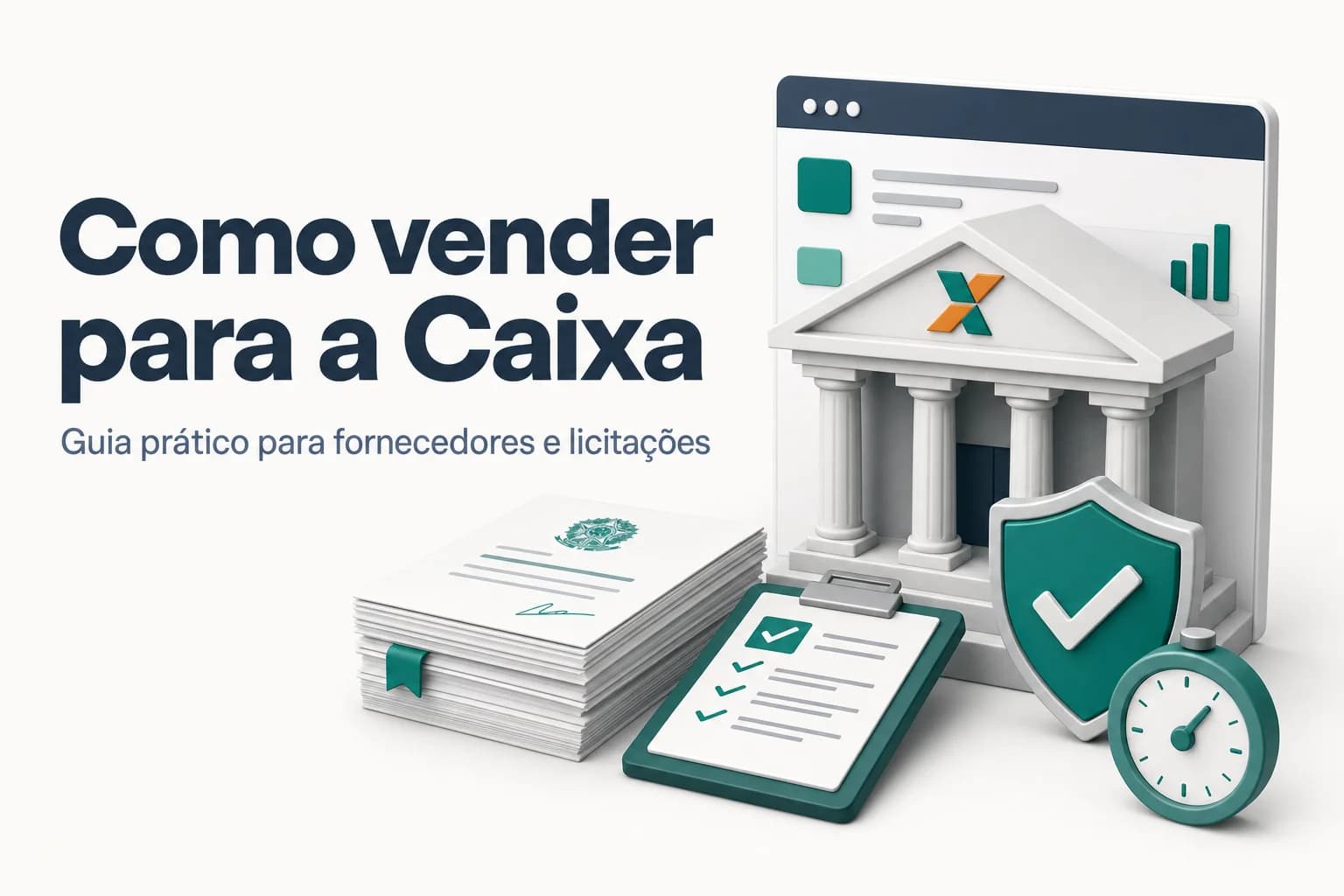 Portal de licitações da Caixa Econômica Federal em um laptop com documentos ao lado