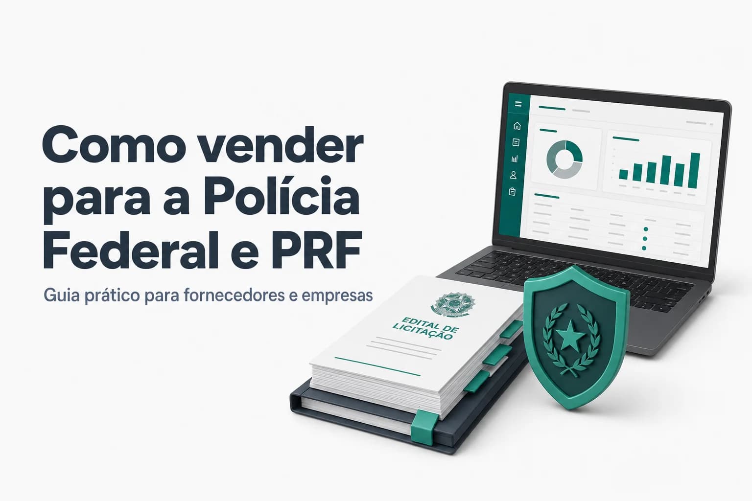 Ilustração de um contrato e um laptop com os logos da Polícia Federal e Polícia Rodoviária Federal ao fundo