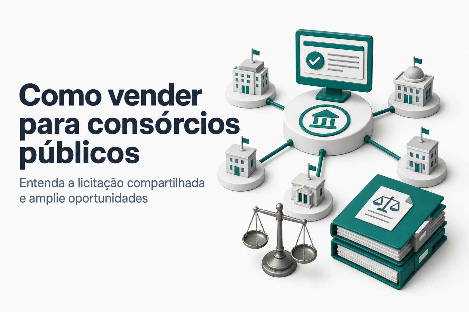 Ilustração de um mapa regional com vários municípios conectados a um centro de compras representando um consórcio público.