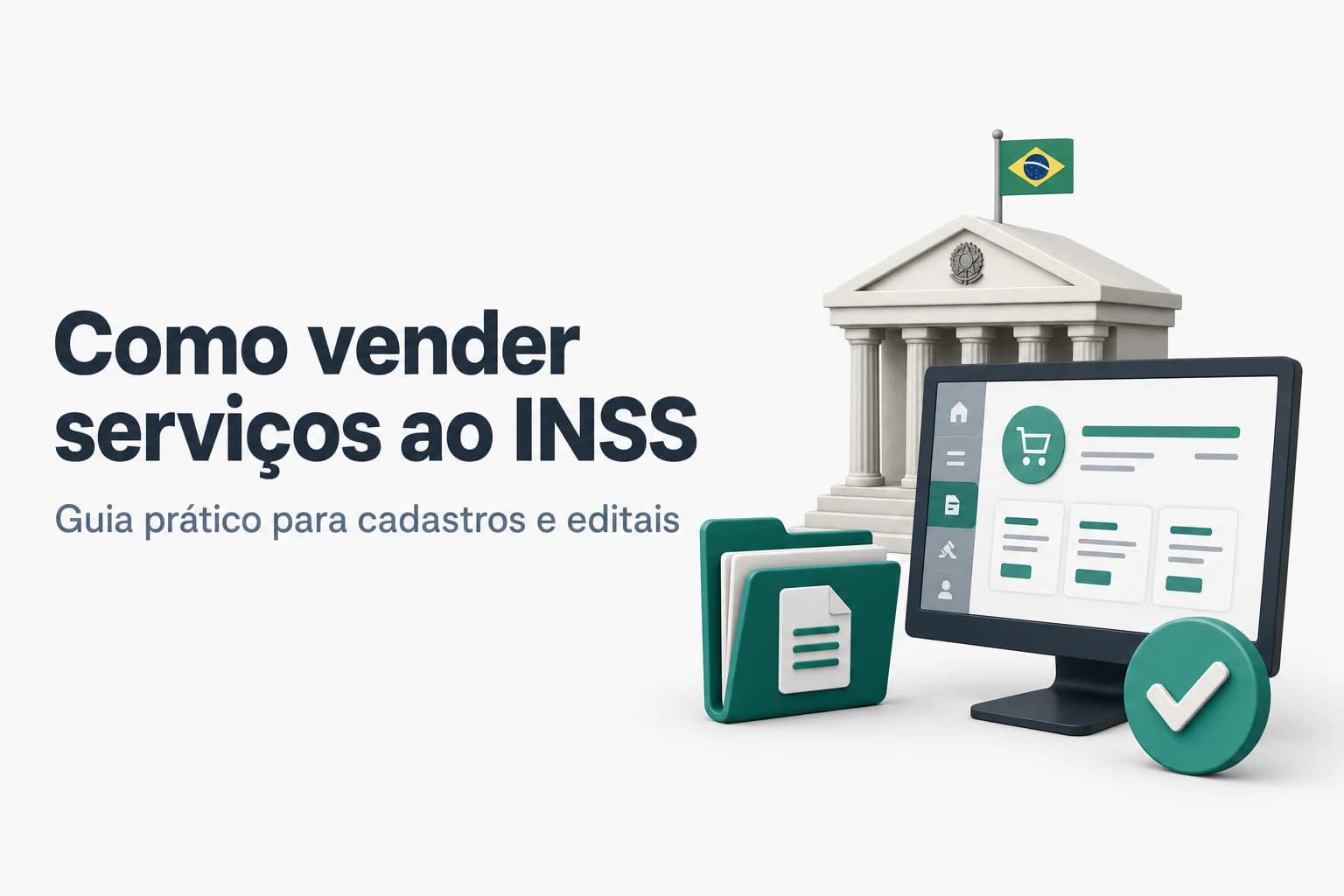 Ilustração de documentos, computador e prédio do INSS com ícone de venda
