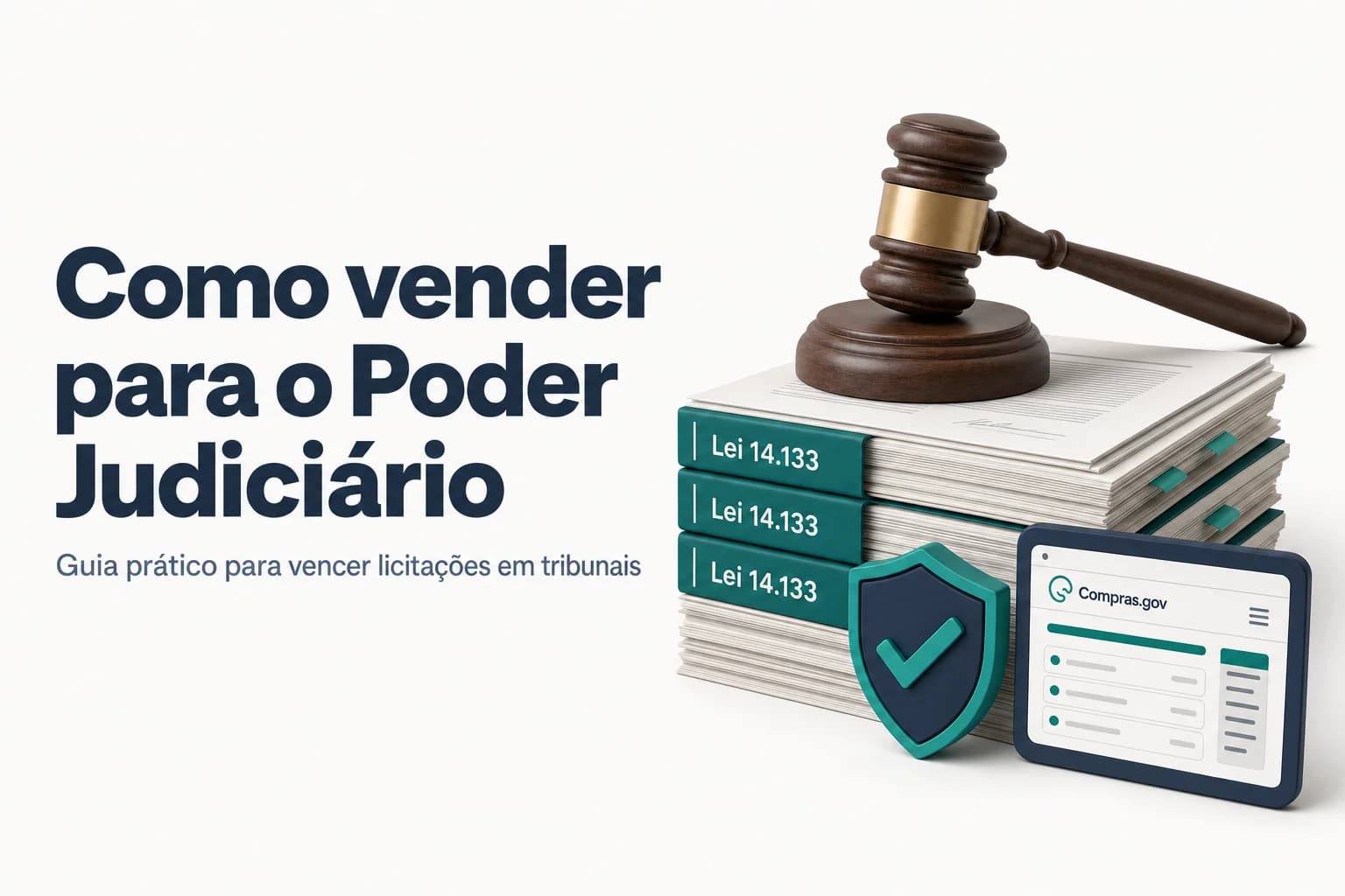 Ilustração de um tribunal com documentos de licitação e gráfico de vendas.