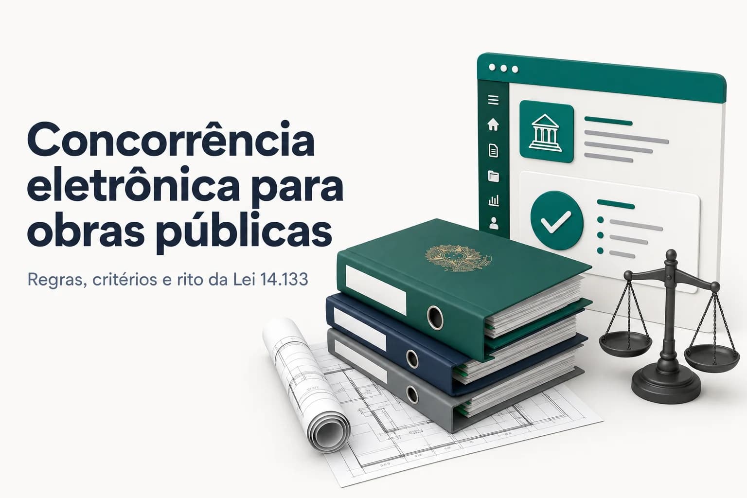 Ilustração de concorrência eletrônica para obras na Lei 14.133, com ícones de obra, tela de computador e documentos