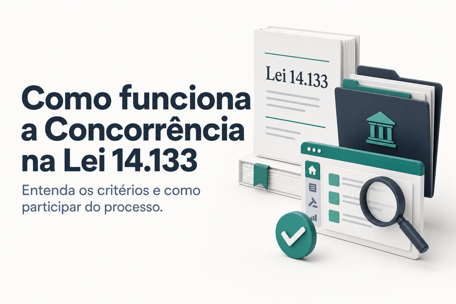Ilustração da modalidade Concorrência na Lei 14.133/2021 com ícones de obra, contrato e governo.