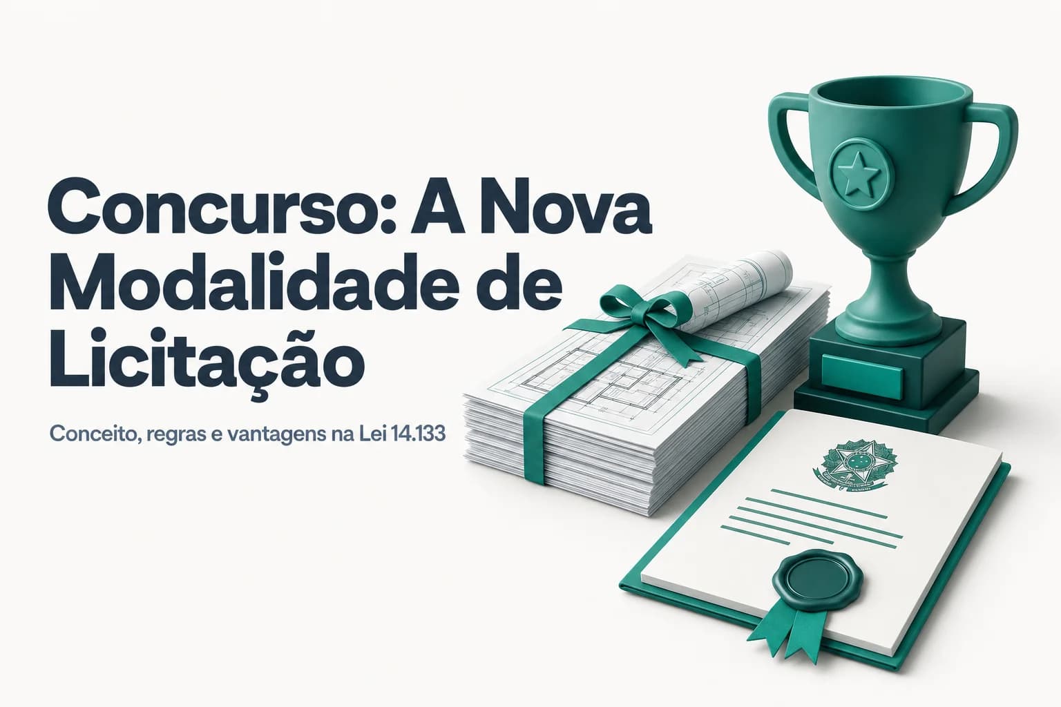Ilustração de um concurso público com troféu e projetos, representando a modalidade concurso na Lei 14.133/2021.