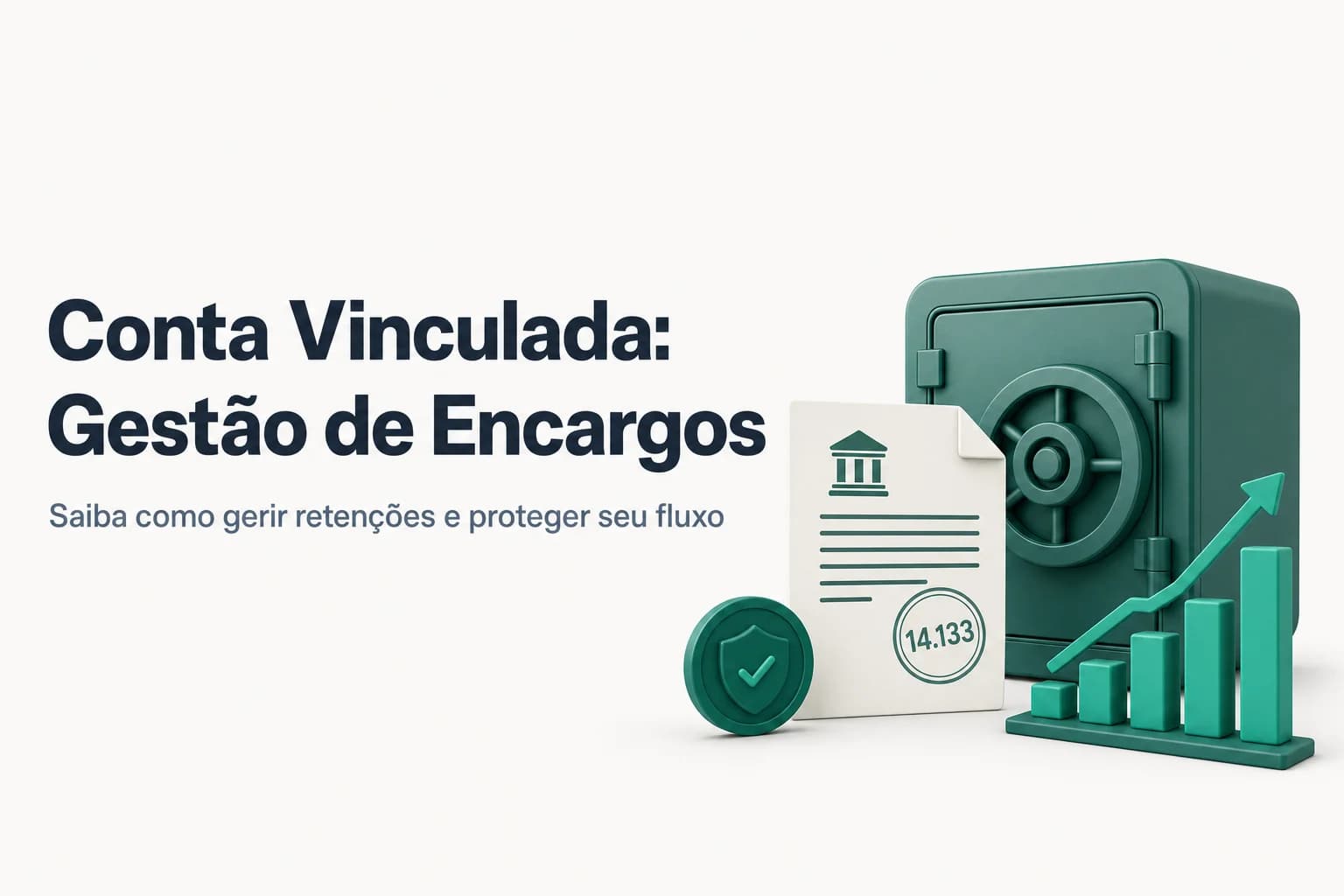 Ilustração de conta bancária com cadeados e ícones de encargos trabalhistas, representando a retenção em contratos públicos.