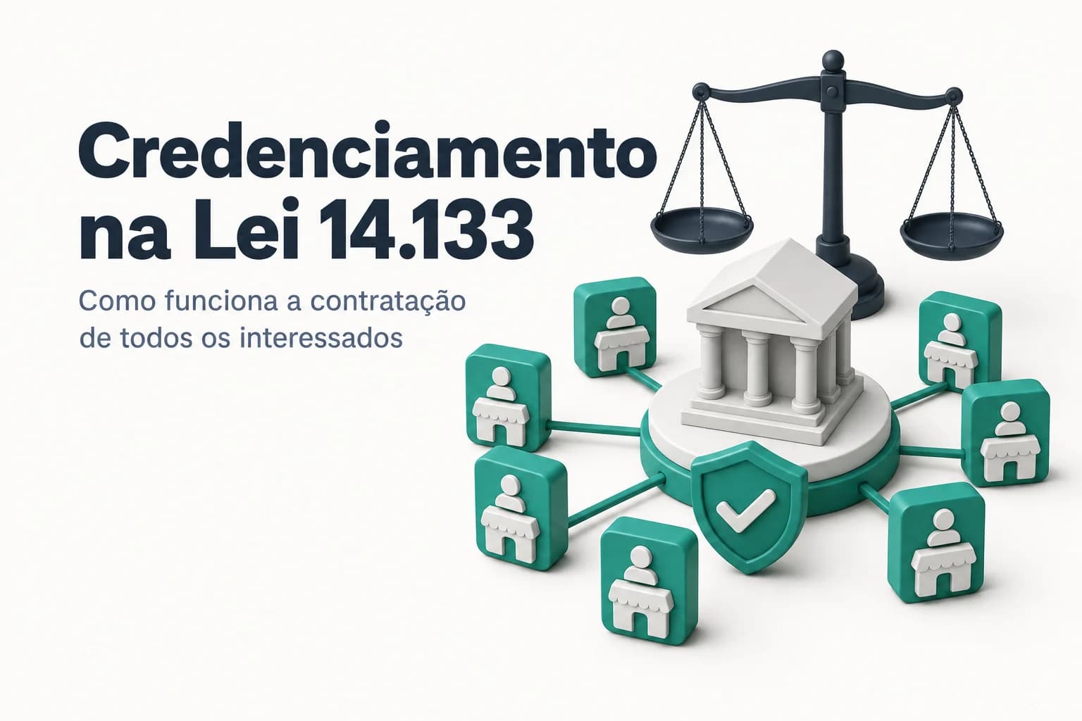 Ilustração de documento com carimbo de credenciamento e aperto de mão entre governo e múltiplos fornecedores